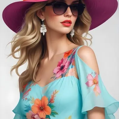 A Caucasian Woman Age 30 With Blonde Wavy Hair Wearing A White Hat Sunglasses Earrings And A White Dress With Floral Print In A White Background 14 91ab