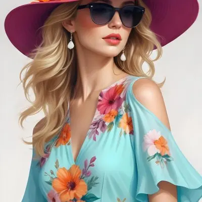 A Caucasian Woman Age 30 With Blonde Wavy Hair Wearing A White Hat Sunglasses Earrings And A White Dress With Floral Print In A White Background 17 8cef