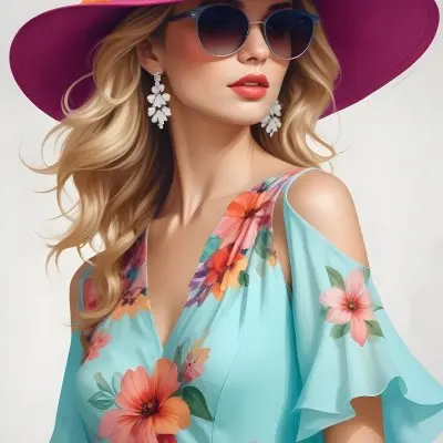 A Caucasian Woman Age 30 With Blonde Wavy Hair Wearing A White Hat Sunglasses Earrings And A White Dress With Floral Print In A White Background 19 1beb