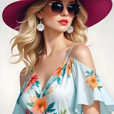 A Caucasian Woman Age 30 With Blonde Wavy Hair Wearing A White Hat Sunglasses Earrings And A White Dress With Floral Print In A White Background 20 0c11