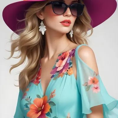 A Caucasian Woman Age 30 With Blonde Wavy Hair Wearing A White Hat Sunglasses Earrings And A White Dress With Floral Print In A White Background 24 787d