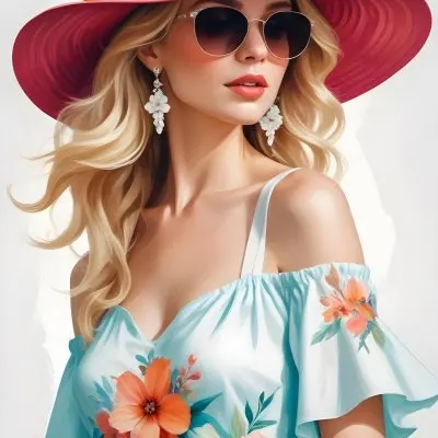 A Caucasian Woman Age 30 With Blonde Wavy Hair Wearing A White Hat Sunglasses Earrings And A White Dress With Floral Print In A White Background 8 3fb9