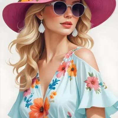 A Caucasian Woman Age 30 With Blonde Wavy Hair Wearing A White Hat Sunglasses Earrings And A White Dress With Floral Print In A White Background 9 E7be