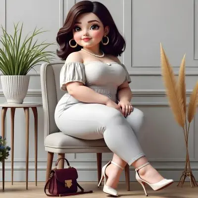 A Caucasian Woman Age 30 With Brown Hair Wearing A White Dress And White Pants Sitting On A Chair With A Purse In A Room With Plants 10 C82b