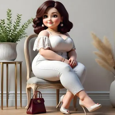 A Caucasian Woman Age 30 With Brown Hair Wearing A White Dress And White Pants Sitting On A Chair With A Purse In A Room With Plants 5 F8b0