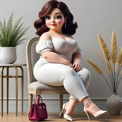 A Caucasian Woman Age 30 With Brown Hair Wearing A White Dress And White Pants Sitting On A Chair With A Purse In A Room With Plants 9 8502