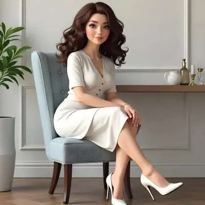 A Caucasian Woman Age 30 With Brown Wavy Hair Wearing A White Dress And White High Heels Sitting On A Chair In A Room 15 24e6