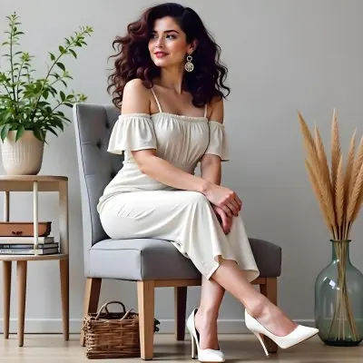 A Caucasian Woman Age 30 With Brown Wavy Hair Wearing A White Dress And White High Heels Sitting On A Chair In A Room 4 22d0