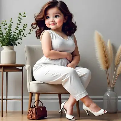 A Caucasian Woman Age 30 With Brown Wavy Hair Wearing A White Dress And White High Heels Sitting On A Chair In A Room 6 Bf52