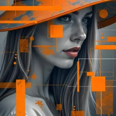 A Caucasian Woman Age 30 With Long Brown Hair And A Big White Hat Wearing A White Shirt In A Grey And Orange Abstract Background 27 Aab2
