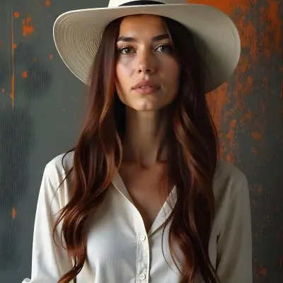 A Caucasian Woman Age 30 With Long Brown Hair And A Big White Hat Wearing A White Shirt In A Grey And Orange Abstract Background 36 61ce