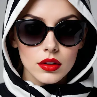 A Caucasian Woman Age 30 With Red Lips And Black Sunglasses Wearing A Black And White Striped Hoodie In A Grey Background 17 Adc6