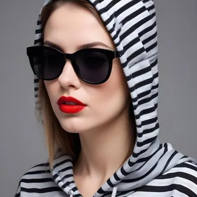 A Caucasian Woman Age 30 With Red Lips And Black Sunglasses Wearing A Black And White Striped Hoodie In A Grey Background 25 E0c4