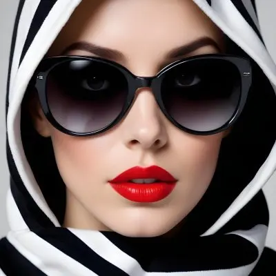 A Caucasian Woman Age 30 With Red Lips And Black Sunglasses Wearing A Black And White Striped Hoodie In A Grey Background 31 646d