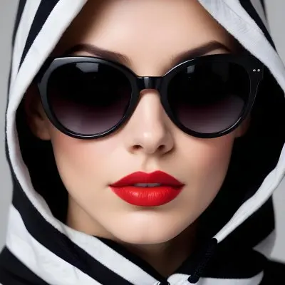 A Caucasian Woman Age 30 With Red Lips And Black Sunglasses Wearing A Black And White Striped Hoodie In A Grey Background 40 69d5