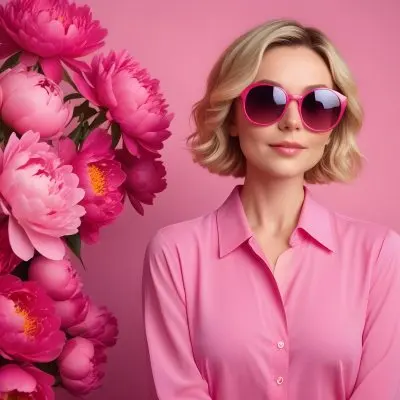 A Caucasian Woman In Her 30s With Short Wavy Blonde Hair Wearing Large Round Pink Sunglasses And A Bright Pink Blouse She Stands Confidently Next To A Cluster Of Vibrant Pink Peonies Against A Solid Pink Background 1 7271