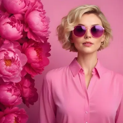 A Caucasian Woman In Her 30s With Short Wavy Blonde Hair Wearing Large Round Pink Sunglasses And A Bright Pink Blouse She Stands Confidently Next To A Cluster Of Vibrant Pink Peonies Against A Solid Pink Background 10 2bf8