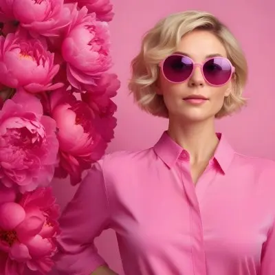 A Caucasian Woman In Her 30s With Short Wavy Blonde Hair Wearing Large Round Pink Sunglasses And A Bright Pink Blouse She Stands Confidently Next To A Cluster Of Vibrant Pink Peonies Against A Solid Pink Background 12 9fa8