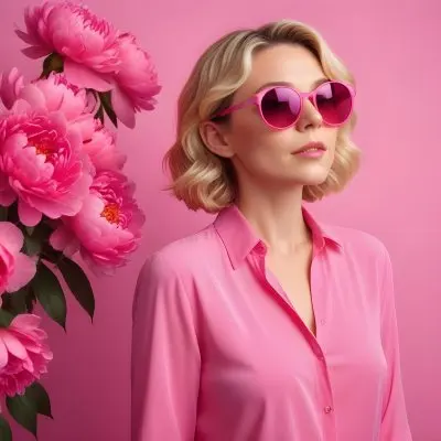 A Caucasian Woman In Her 30s With Short Wavy Blonde Hair Wearing Large Round Pink Sunglasses And A Bright Pink Blouse She Stands Confidently Next To A Cluster Of Vibrant Pink Peonies Against A Solid Pink Background 13 E971
