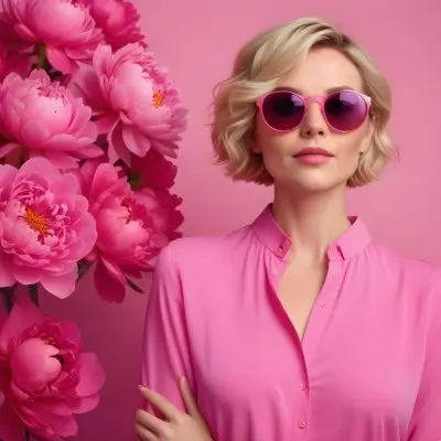 A Caucasian Woman In Her 30s With Short Wavy Blonde Hair Wearing Large Round Pink Sunglasses And A Bright Pink Blouse She Stands Confidently Next To A Cluster Of Vibrant Pink Peonies Against A Solid Pink Background 14 9904