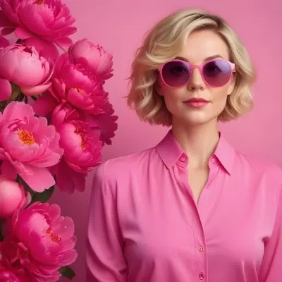 A Caucasian Woman In Her 30s With Short Wavy Blonde Hair Wearing Large Round Pink Sunglasses And A Bright Pink Blouse She Stands Confidently Next To A Cluster Of Vibrant Pink Peonies Against A Solid Pink Background 15 C051