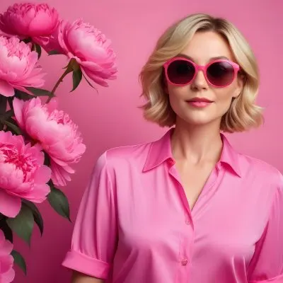 A Caucasian Woman In Her 30s With Short Wavy Blonde Hair Wearing Large Round Pink Sunglasses And A Bright Pink Blouse She Stands Confidently Next To A Cluster Of Vibrant Pink Peonies Against A Solid Pink Background 16 4f38