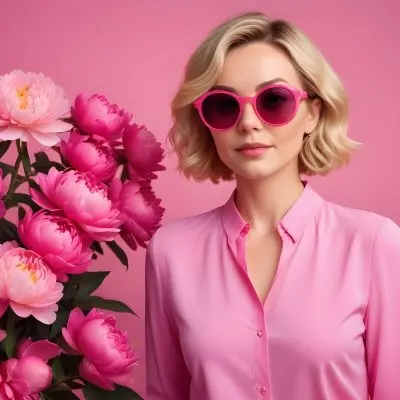A Caucasian Woman In Her 30s With Short Wavy Blonde Hair Wearing Large Round Pink Sunglasses And A Bright Pink Blouse She Stands Confidently Next To A Cluster Of Vibrant Pink Peonies Against A Solid Pink Background 18 Ae43