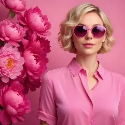A Caucasian Woman In Her 30s With Short Wavy Blonde Hair Wearing Large Round Pink Sunglasses And A Bright Pink Blouse She Stands Confidently Next To A Cluster Of Vibrant Pink Peonies Against A Solid Pink Background 19 6ccc