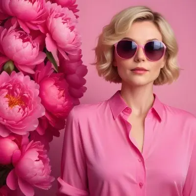 A Caucasian Woman In Her 30s With Short Wavy Blonde Hair Wearing Large Round Pink Sunglasses And A Bright Pink Blouse She Stands Confidently Next To A Cluster Of Vibrant Pink Peonies Against A Solid Pink Background 20 433c