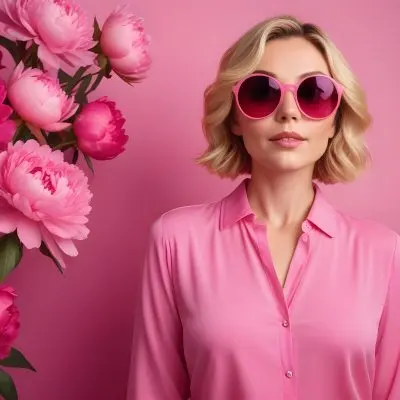 A Caucasian Woman In Her 30s With Short Wavy Blonde Hair Wearing Large Round Pink Sunglasses And A Bright Pink Blouse She Stands Confidently Next To A Cluster Of Vibrant Pink Peonies Against A Solid Pink Background 21 Fd3e