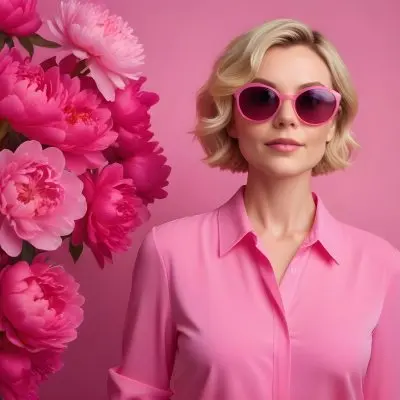 A Caucasian Woman In Her 30s With Short Wavy Blonde Hair Wearing Large Round Pink Sunglasses And A Bright Pink Blouse She Stands Confidently Next To A Cluster Of Vibrant Pink Peonies Against A Solid Pink Background 24 5ac1