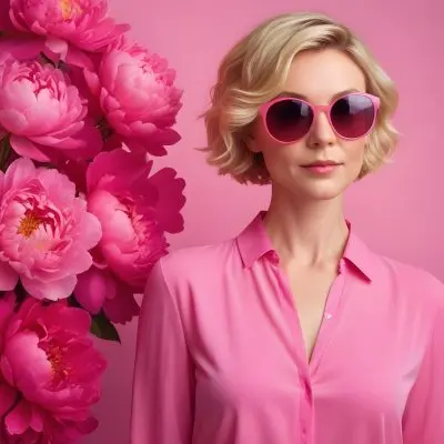 A Caucasian Woman In Her 30s With Short Wavy Blonde Hair Wearing Large Round Pink Sunglasses And A Bright Pink Blouse She Stands Confidently Next To A Cluster Of Vibrant Pink Peonies Against A Solid Pink Background 25 69e5