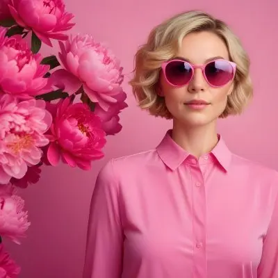 A Caucasian Woman In Her 30s With Short Wavy Blonde Hair Wearing Large Round Pink Sunglasses And A Bright Pink Blouse She Stands Confidently Next To A Cluster Of Vibrant Pink Peonies Against A Solid Pink Background 27 E898