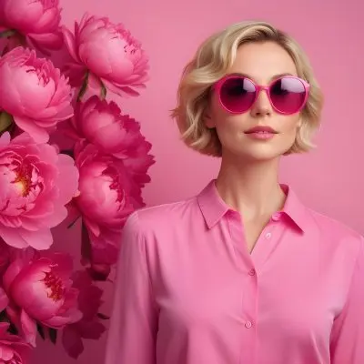 A Caucasian Woman In Her 30s With Short Wavy Blonde Hair Wearing Large Round Pink Sunglasses And A Bright Pink Blouse She Stands Confidently Next To A Cluster Of Vibrant Pink Peonies Against A Solid Pink Background 3 07a4
