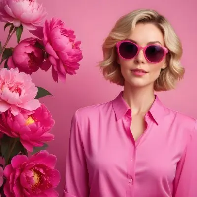 A Caucasian Woman In Her 30s With Short Wavy Blonde Hair Wearing Large Round Pink Sunglasses And A Bright Pink Blouse She Stands Confidently Next To A Cluster Of Vibrant Pink Peonies Against A Solid Pink Background 30 F4e5