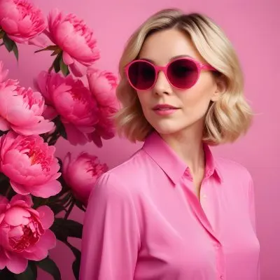 A Caucasian Woman In Her 30s With Short Wavy Blonde Hair Wearing Large Round Pink Sunglasses And A Bright Pink Blouse She Stands Confidently Next To A Cluster Of Vibrant Pink Peonies Against A Solid Pink Background 36 327d