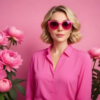 A Caucasian Woman In Her 30s With Short Wavy Blonde Hair Wearing Large Round Pink Sunglasses And A Bright Pink Blouse She Stands Confidently Next To A Cluster Of Vibrant Pink Peonies Against A Solid Pink Background 37 01f9