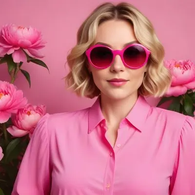 A Caucasian Woman In Her 30s With Short Wavy Blonde Hair Wearing Large Round Pink Sunglasses And A Bright Pink Blouse She Stands Confidently Next To A Cluster Of Vibrant Pink Peonies Against A Solid Pink Background 39 5482