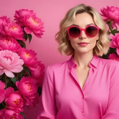 A Caucasian Woman In Her 30s With Short Wavy Blonde Hair Wearing Large Round Pink Sunglasses And A Bright Pink Blouse She Stands Confidently Next To A Cluster Of Vibrant Pink Peonies Against A Solid Pink Background 41 925c