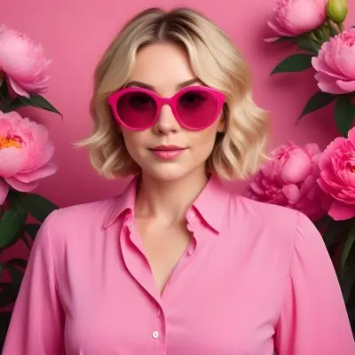 A Caucasian Woman In Her 30s With Short Wavy Blonde Hair Wearing Large Round Pink Sunglasses And A Bright Pink Blouse She Stands Confidently Next To A Cluster Of Vibrant Pink Peonies Against A Solid Pink Background 44 7db8