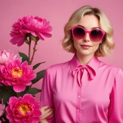 A Caucasian Woman In Her 30s With Short Wavy Blonde Hair Wearing Large Round Pink Sunglasses And A Bright Pink Blouse She Stands Confidently Next To A Cluster Of Vibrant Pink Peonies Against A Solid Pink Background 46 6099
