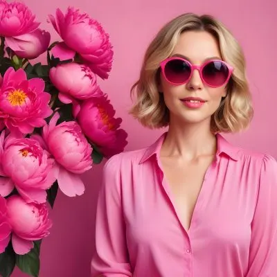 A Caucasian Woman In Her 30s With Short Wavy Blonde Hair Wearing Large Round Pink Sunglasses And A Bright Pink Blouse She Stands Confidently Next To A Cluster Of Vibrant Pink Peonies Against A Solid Pink Background 47 F8ca