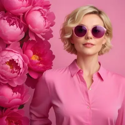A Caucasian Woman In Her 30s With Short Wavy Blonde Hair Wearing Large Round Pink Sunglasses And A Bright Pink Blouse She Stands Confidently Next To A Cluster Of Vibrant Pink Peonies Against A Solid Pink Background 5 Aea2