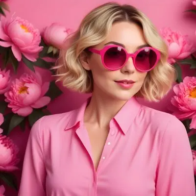A Caucasian Woman In Her 30s With Short Wavy Blonde Hair Wearing Large Round Pink Sunglasses And A Bright Pink Blouse She Stands Confidently Next To A Cluster Of Vibrant Pink Peonies Against A Solid Pink Background 51 5997