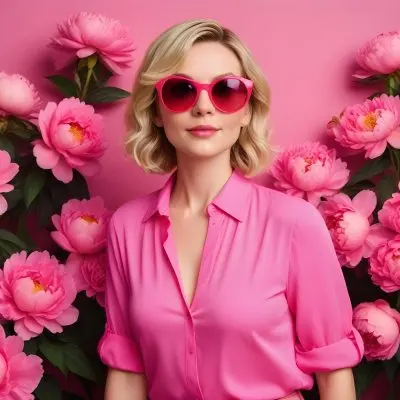 A Caucasian Woman In Her 30s With Short Wavy Blonde Hair Wearing Large Round Pink Sunglasses And A Bright Pink Blouse She Stands Confidently Next To A Cluster Of Vibrant Pink Peonies Against A Solid Pink Background 52 A58a