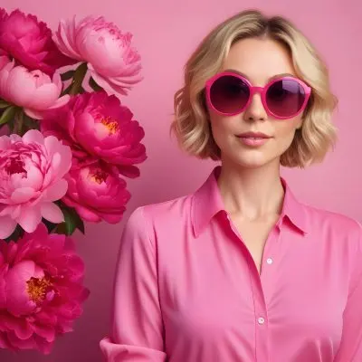 A Caucasian Woman In Her 30s With Short Wavy Blonde Hair Wearing Large Round Pink Sunglasses And A Bright Pink Blouse She Stands Confidently Next To A Cluster Of Vibrant Pink Peonies Against A Solid Pink Background 55 55ff