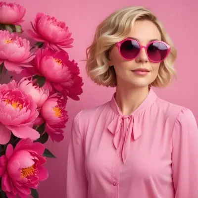 A Caucasian Woman In Her 30s With Short Wavy Blonde Hair Wearing Large Round Pink Sunglasses And A Bright Pink Blouse She Stands Confidently Next To A Cluster Of Vibrant Pink Peonies Against A Solid Pink Background 57 78fa