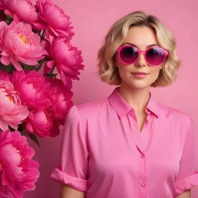 A Caucasian Woman In Her 30s With Short Wavy Blonde Hair Wearing Large Round Pink Sunglasses And A Bright Pink Blouse She Stands Confidently Next To A Cluster Of Vibrant Pink Peonies Against A Solid Pink Background 60 3311