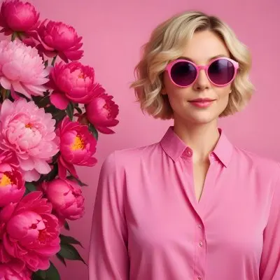 A Caucasian Woman In Her 30s With Short Wavy Blonde Hair Wearing Large Round Pink Sunglasses And A Bright Pink Blouse She Stands Confidently Next To A Cluster Of Vibrant Pink Peonies Against A Solid Pink Background 61 E815