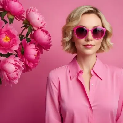 A Caucasian Woman In Her 30s With Short Wavy Blonde Hair Wearing Large Round Pink Sunglasses And A Bright Pink Blouse She Stands Confidently Next To A Cluster Of Vibrant Pink Peonies Against A Solid Pink Background 62 Dbe0